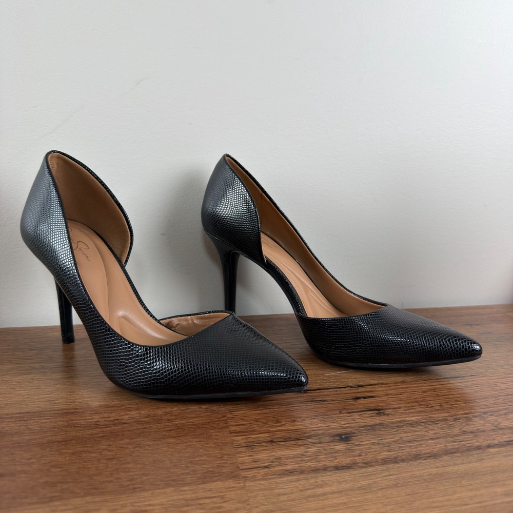 Black Lizard Embossed D'Orsay Pointed Toe Stiletto Pumps Size 9 Business Classic